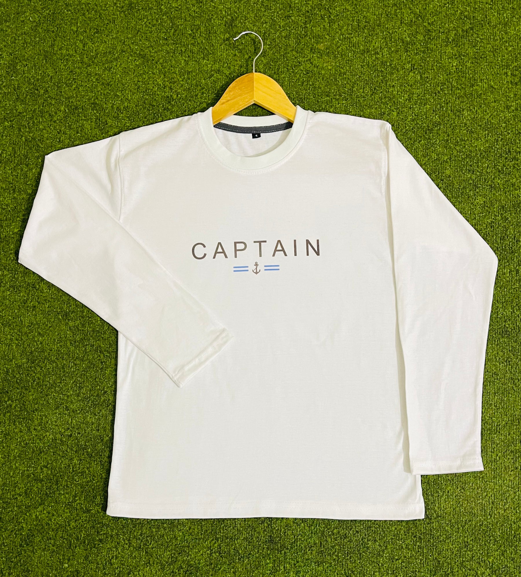 White Full Sleeve Round Neck Shirt with Captain Design – Stylish, Comfortable & Unique